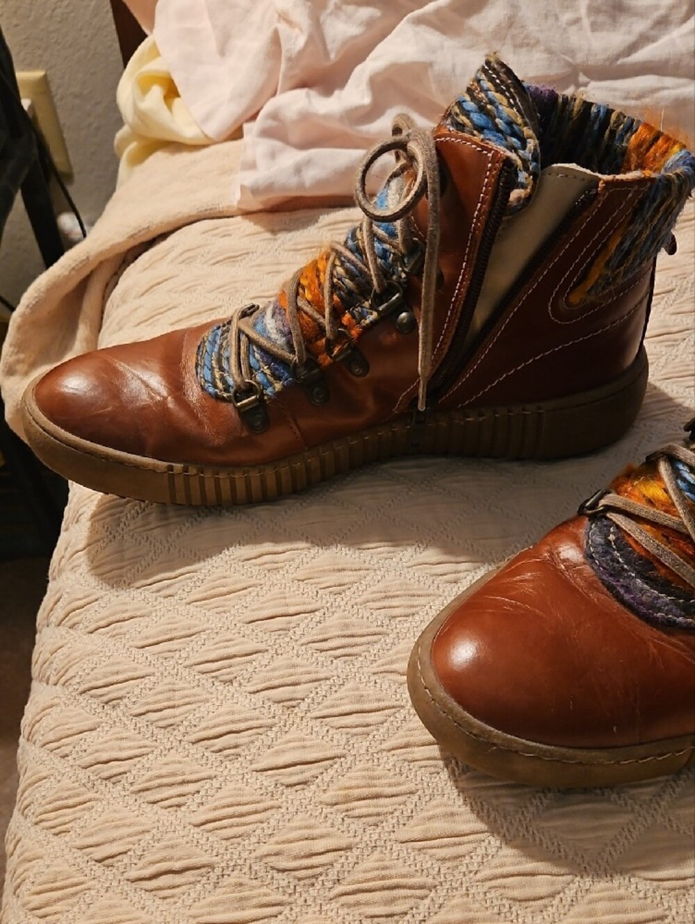 Josef Seibel Brown Leather Lace-Up Boots with Multicolor Knit Accents - Picture 2 of 7
